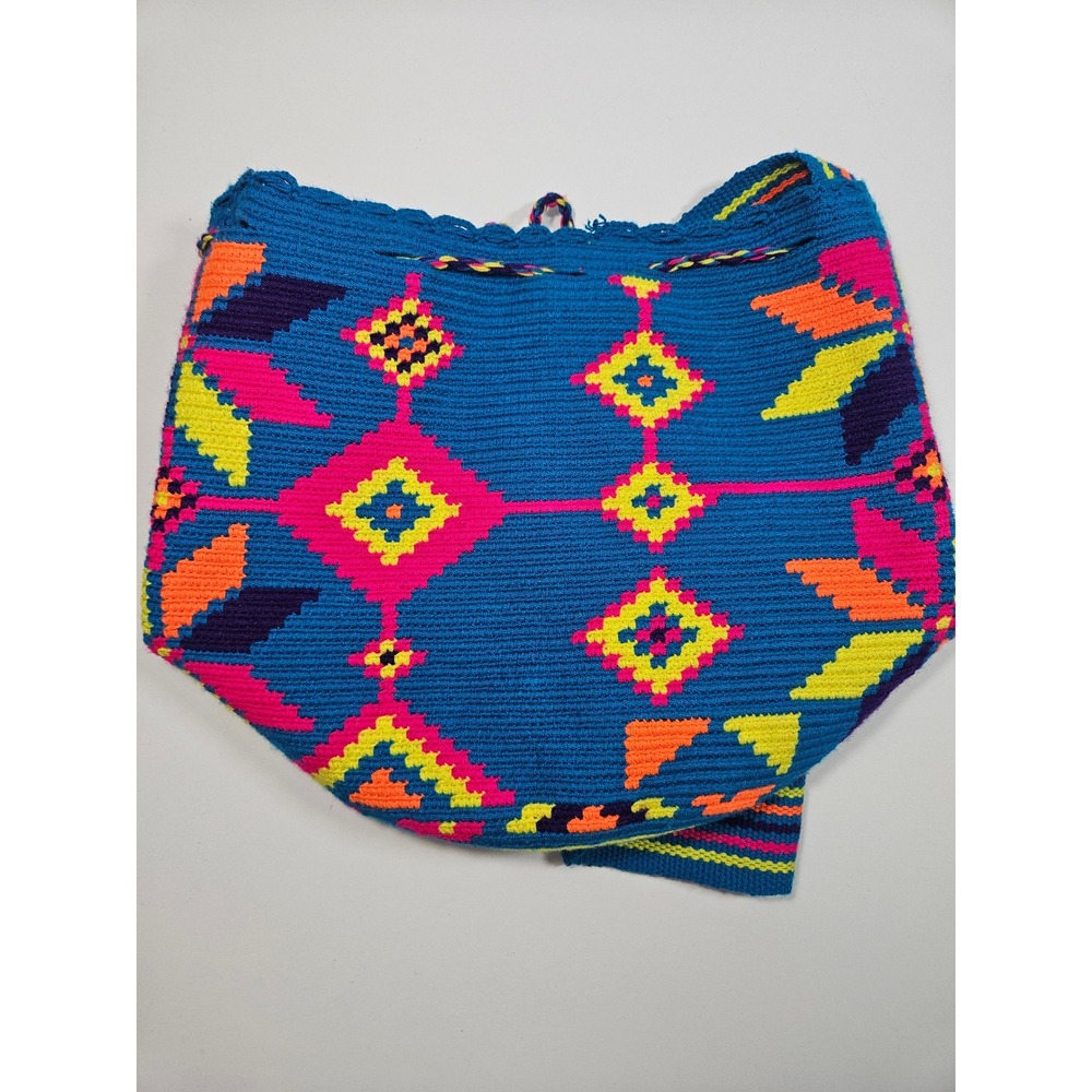 Wayuu Style Handwoven Mochila Bucket Bag Neon Geometric‎ Blue Crossbody Tassel